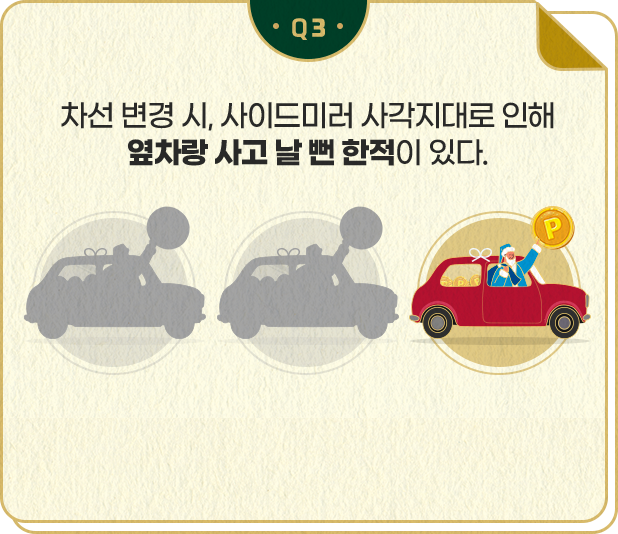차선 변경 시, 사이드미러 사각지대로 인해 옆차량 사고 날 뻔 한적이 있다.